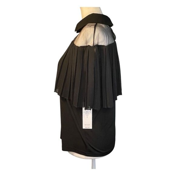 For Cynthia Chiffon Pleated Blouse Black Sheer Mesh Collard Short Sleeve Pull-Ov - Picture 4 of 8